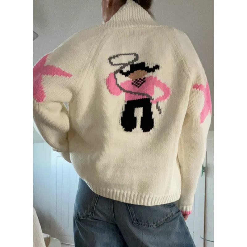 Combhasaki Women Shawl Collar Cardigan Long Sleeve V Neck Y2K Aesthetic Graphic Print Button Down Sweater Knitwear Coat Tops - Matrix Studios