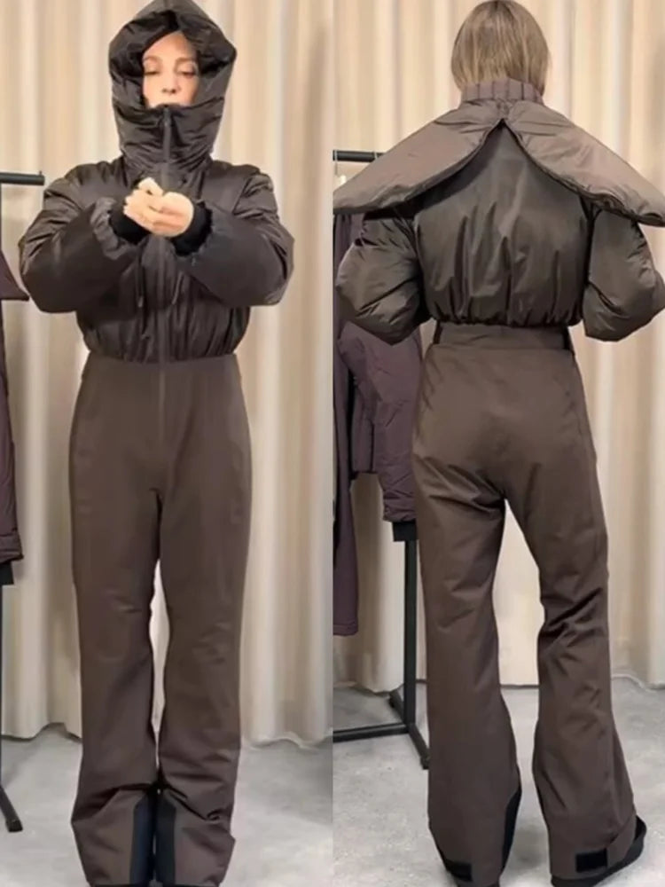 Fashion Hooded One-Piece Ski Jumpsuit Women Stand Collar Zipper High Waist Solid Windproof Outwear 2026 Winter Lady Skiwear New - Matrix Studios
