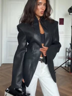 Solid Lapel Collar Waist-cinching Faux Leather Jacket Women's Hook Cut Out Split Cuffs Pu Coat 2026 Autumn Street Casual Outfits - Matrix Studios