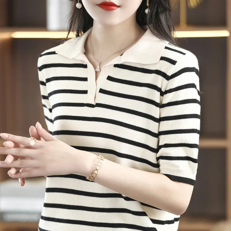 WinvyNee Summer Short Sleeved Women's Solid Polo Shirt Casual Cotton Striped Top T-shirt Women Clothing Casual Knitted A1002001 - Matrix-studios.com