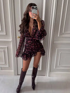 Women Floral Print Mini Dress V-neck Balloon Sleeve Keyhole Detail Tiered Ruffle Hem Dresses 2026 New Summer Holiday Party Gowns - Matrix-studios.com