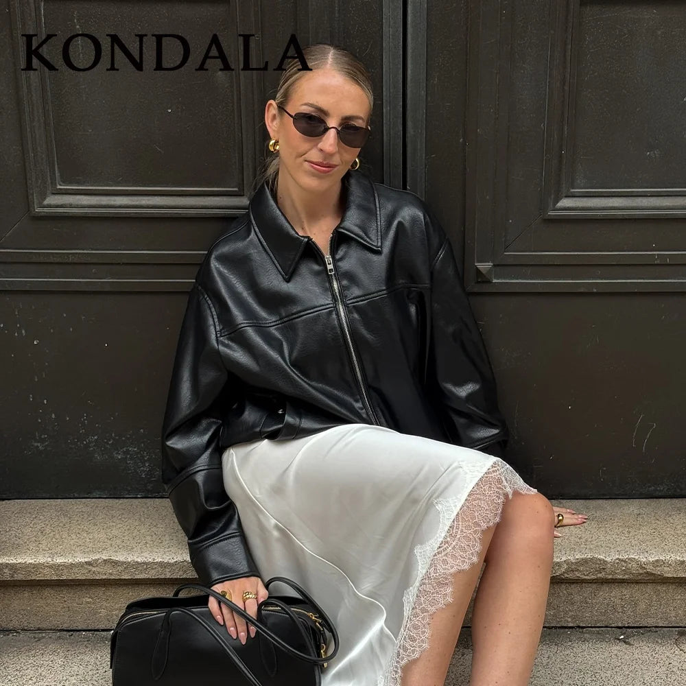 KONDALA 2026 Spring Summer Brown Business Casual Faux Leather Women Jackets Chic Valentine‘s Day Spliced Zipper Ladies Jackets - Matrix Studios