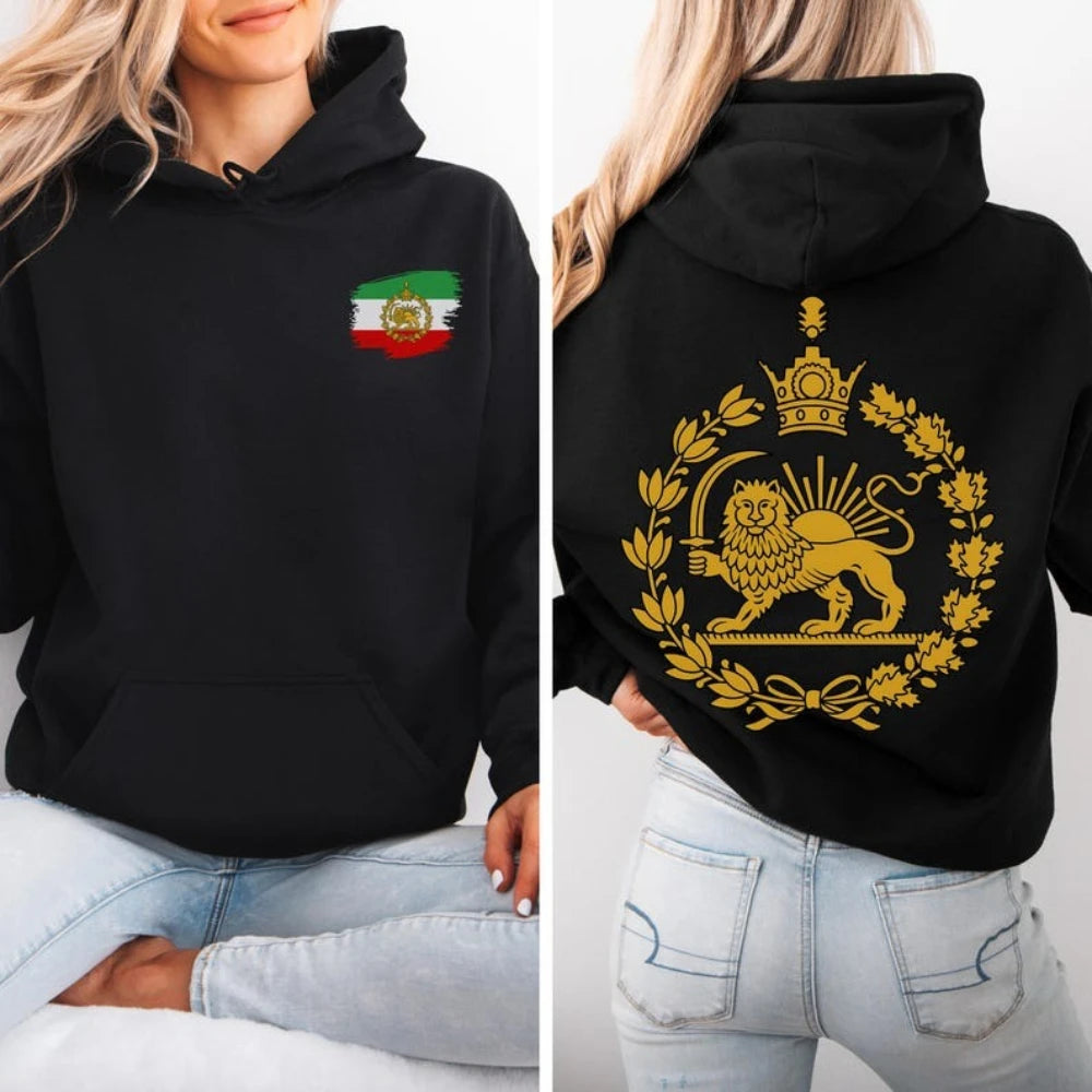 Lion and Sun Iran Hooded Tops Persian Flag Graphic Duplex Printing Clothing Shir-o-Khorshid Emblem Pullover Men Women Hoodies - Matrix Studios