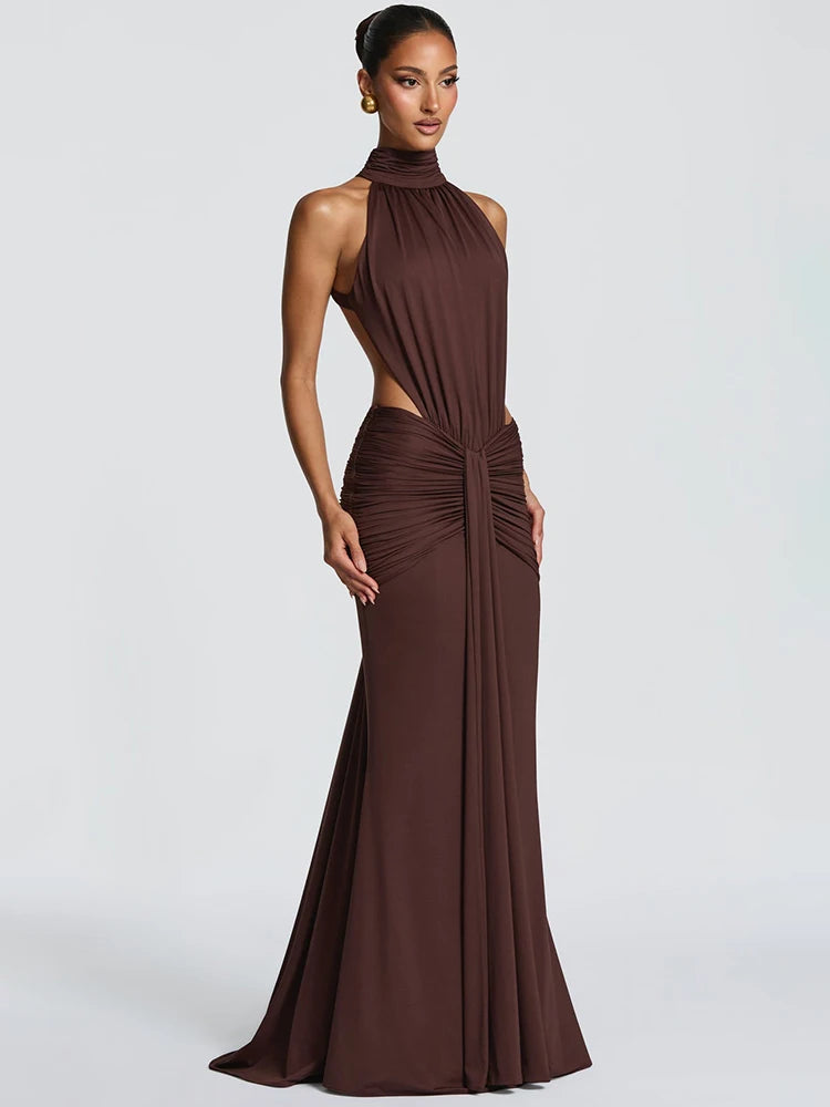 Mozision Turtleneck Backless Sexy Maxi Dress Women Gown Elegant Off-shoulder Sleeveless Ruched Bodycon Club Party Long Dress - Matrix-studios.com
