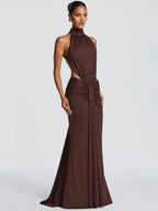 Mozision Turtleneck Backless Sexy Maxi Dress Women Gown Elegant Off-shoulder Sleeveless Ruched Bodycon Club Party Long Dress - Matrix-studios.com