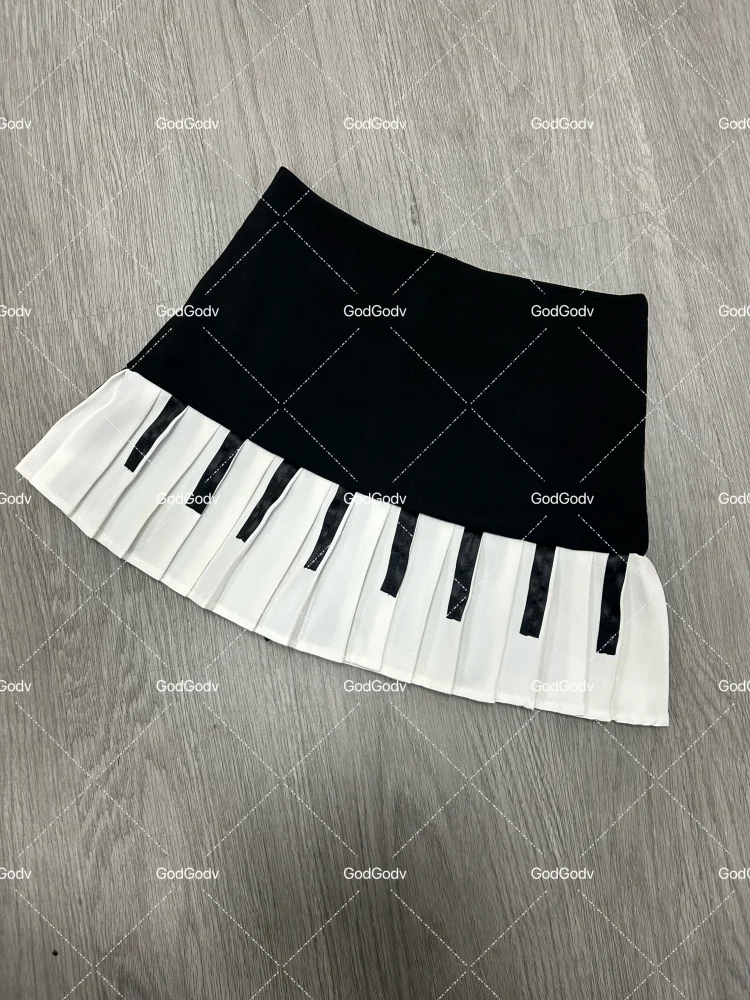 American Vintage Black White Piano Keys Skirts Y2k Slim Waist Ruched A-line Skirt Women 2026 Summer New Korea Style Chic Mujer - Matrix-studios.com