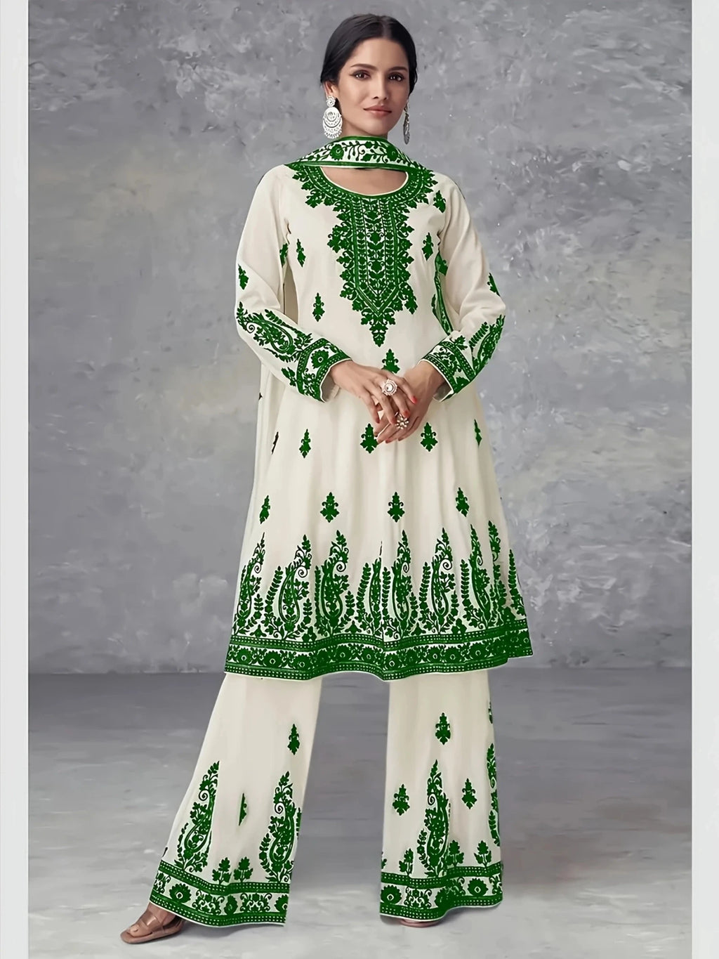 Plus Size Women's Off-White and Black Printed Three-Piece Set Ethnic Style Crew Neck Long Top Wide-Leg Pants and Headscarf Set - Matrix-studios.com