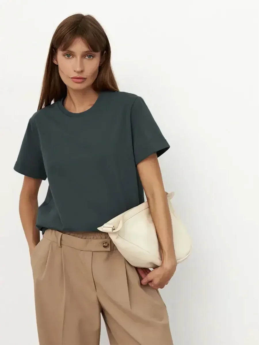 Bornladies Summer 100% Cotton Women's T-shirt Bottoming Basic Fashionable Solid Lady Short Sleeve Loose Tops Shirts 230g/㎡ Tops - Matrix-studios.com