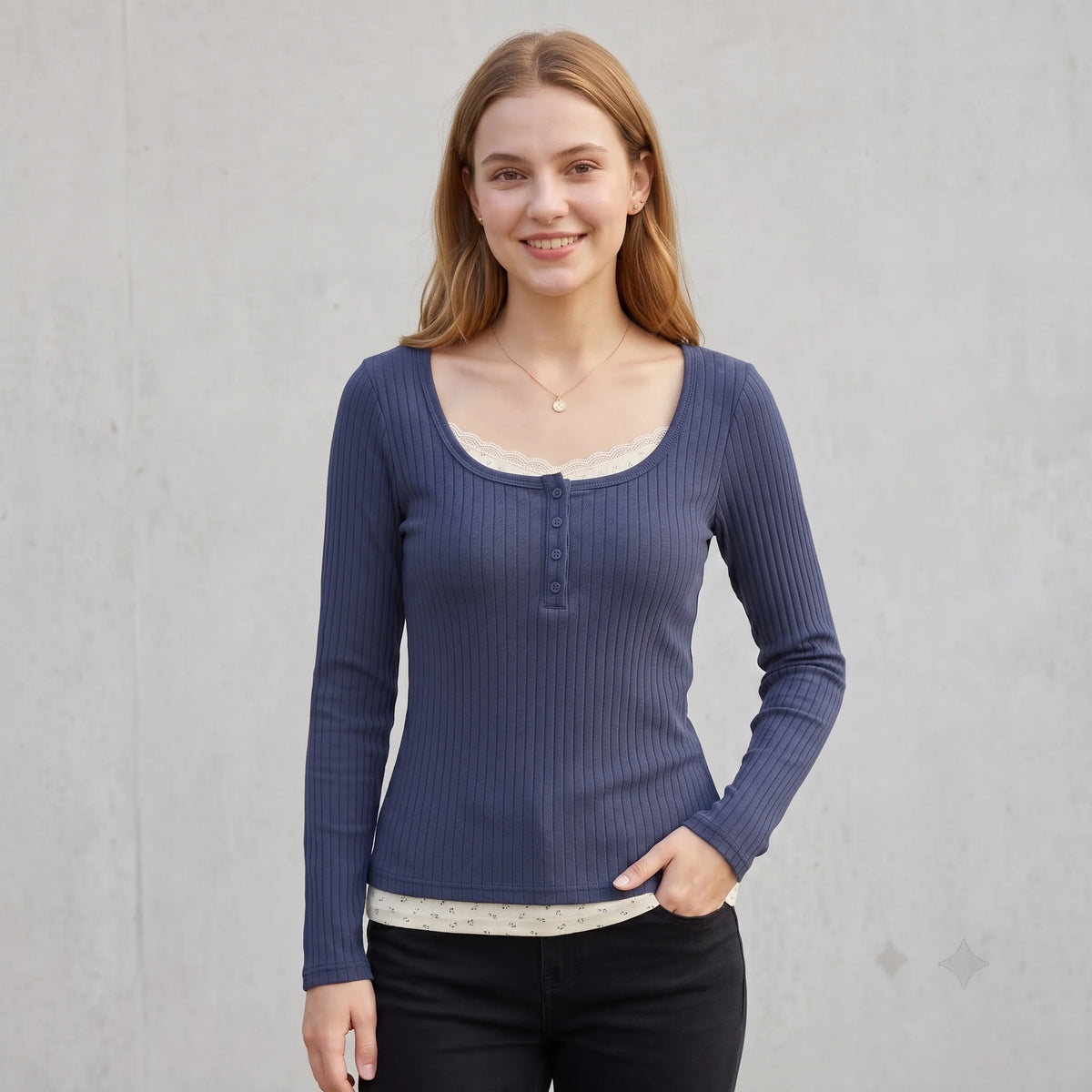 Women Vintage Faux Two-Piece Lace Patchwork T-Shirt Ribbed Knit Long Sleeve Top Square Neck Button Slim Y2K Casual Fall Tee - Matrix-studios.com