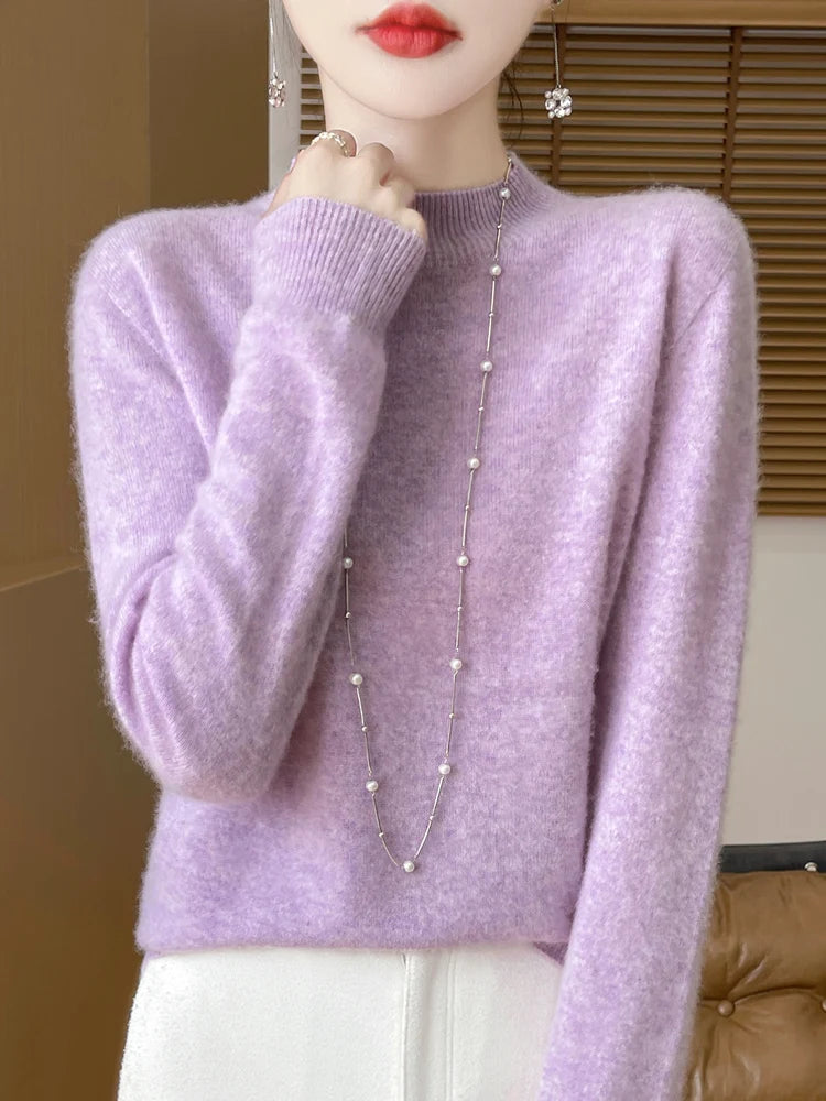 Fashion 100% Wool Sweater Women's Mock-Neck Knitwear Cashmere Pullovers Autumn Winter Long Sleeve Jumpers Clothing Tops - Matrix Studios