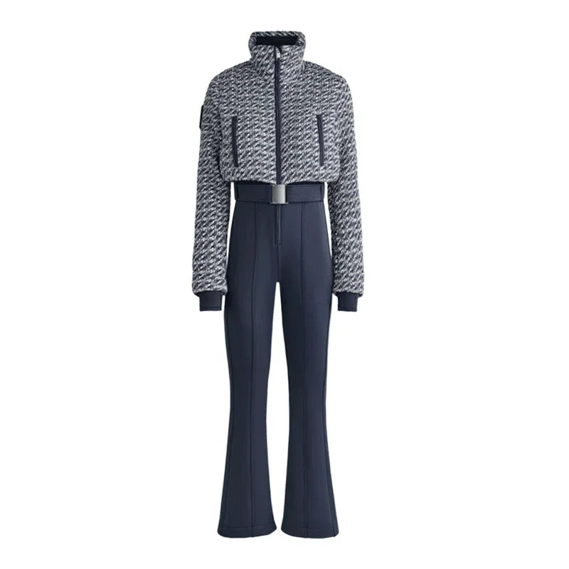 Elegant Print Thicken Women Ski Jumpsuit Full Sleeve Stand Collar Zipper Belt Long Romper 2025 Warm High Waist Female Rompers - Matrix Studios