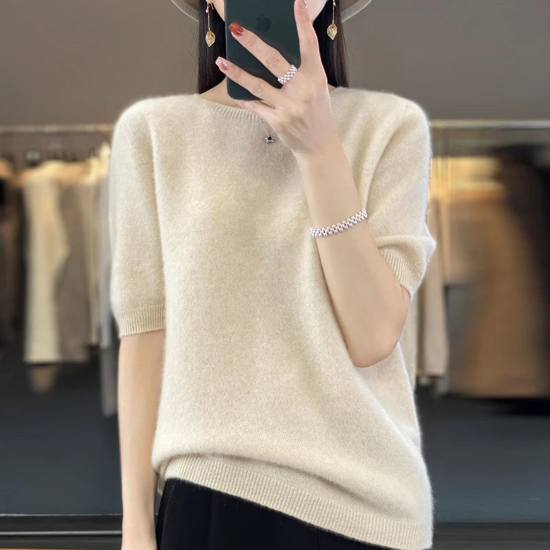 100% Merino Wool Women's O Neck Knitted T-Shirt Korean Pullover Short Sleeve Sweater Women's Basic Solid Color Half Sleeve Women - Matrix Studios