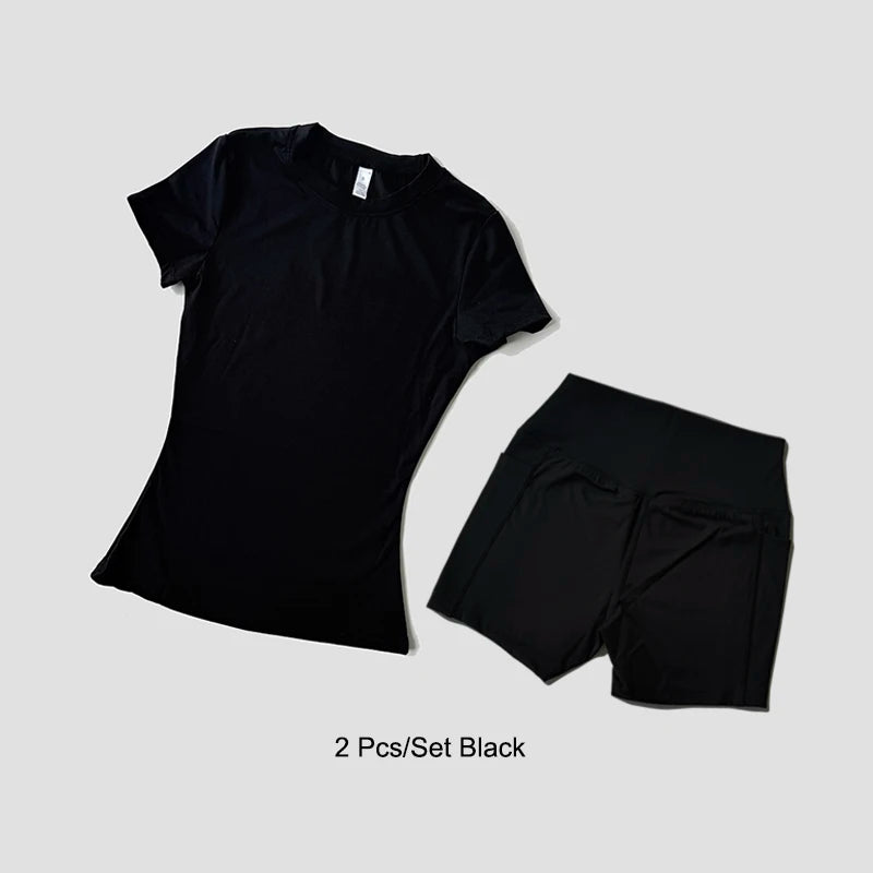 Sports Sets Fitness Hip-lifting Tight Top Short Sleeve Running Workout Gym Shorts Tracksuits For Women Breathable Sports Suits - Matrix-studios.com