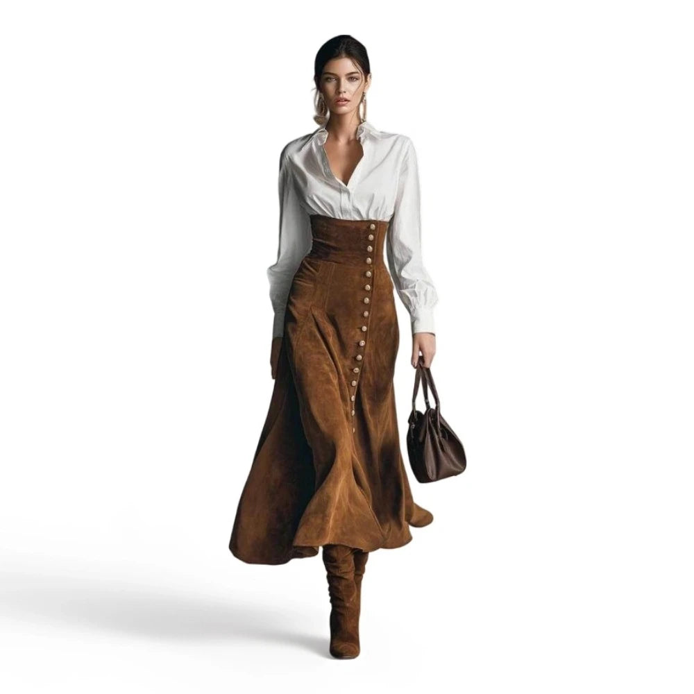 Women Two Piece Outfit Lapel Long Sleeve Shirt High Waist Side Button Flared Midi Skirt Casual Commute Matching Set For Women Daily Outdoor Wear - Matrix-studios.com
