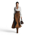 Women Two Piece Outfit Lapel Long Sleeve Shirt High Waist Side Button Flared Midi Skirt Casual Commute Matching Set For Women Daily Outdoor Wear - Matrix-studios.com