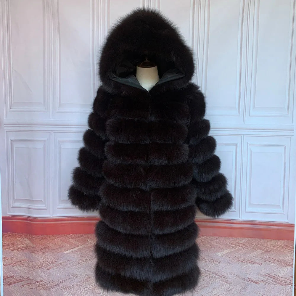 QUEENTINA Hood Fur Coat Women Real Fox Long New Luxury Female Natural Leather Jacket Warm Thick Long Winter Fur Vest Waistcoat - Matrix Studios