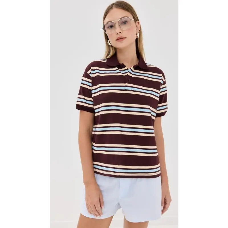 Summer Ladies Polo Shirts Woman Brown Striped Vintage Clothes Polo Shirts Green Stripe Print Mujer Short Sleeve Tees Casual - Matrix-studios.com