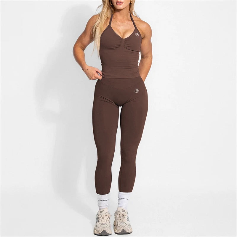 Women's Yoga Set Bum Balance Fitted Halter Tops & Shaping Pants 2pcs Yoga Sportwear Workout Gym Clothing High Waist Leggings Set - Matrix-studios.com