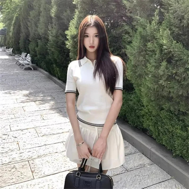 Summer High-end Fashion Polo Neck Knitted Shirt Slim Short Sleeve Tops Women Sexy Button T-shirt Office Lady Knitwear Y2k Tops - Matrix-studios.com