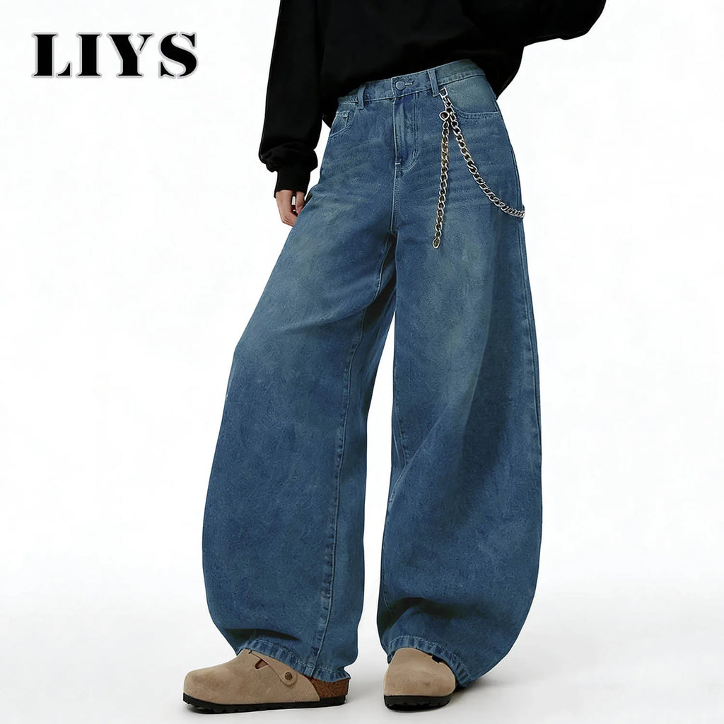 LIYS American Retro Baggy Wide Leg Jeans Men's Streetwear Distressed Y2K Clothing Casual Daily Four Seasons Denim Pants Unisex - Matrix Studios