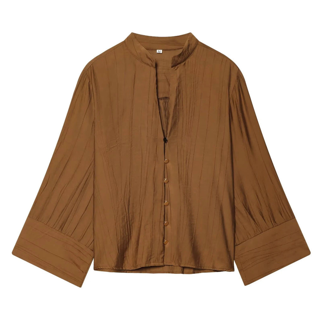 Autumn new women's loose and simple V-neck long sleeved shirt with elastic waist and wide leg pants set - Matrix-studios.com