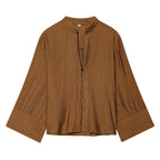 Autumn new women's loose and simple V-neck long sleeved shirt with elastic waist and wide leg pants set - Matrix-studios.com