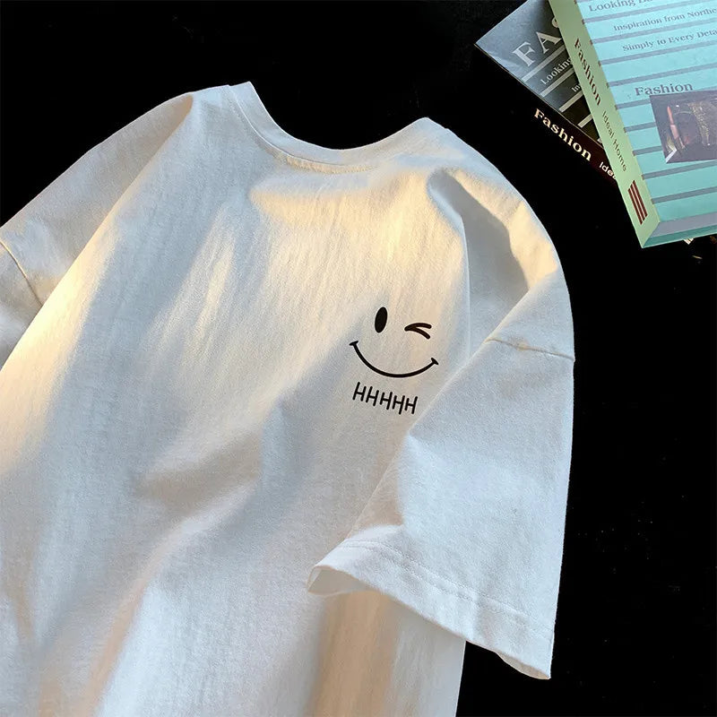 Men Women's Smiling Face Funny Fashion Couple Short Sleeved T-shirt American Basic Simple Oversized Loose Boys' Pullover Top - Matrix-studios.com