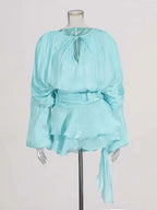 TWOTWINSTYLE Solid Blouse Mini Dresses For Women V Neck Long Sleeve Spliced Lace Up Sweet Style Dress Female Clothing Fashion - Matrix-studios.com