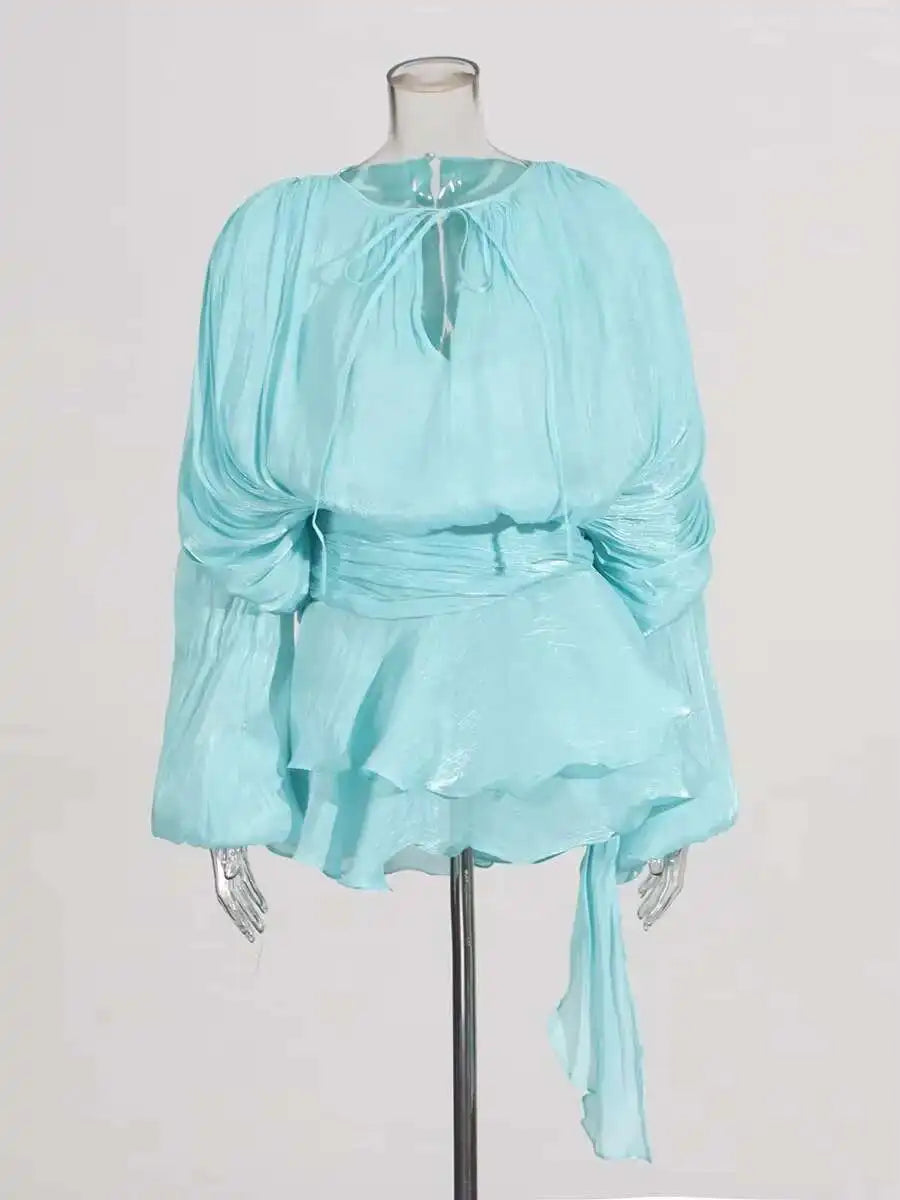 TWOTWINSTYLE Solid Blouse Mini Dresses For Women V Neck Long Sleeve Spliced Lace Up Sweet Style Dress Female Clothing Fashion - Matrix-studios.com