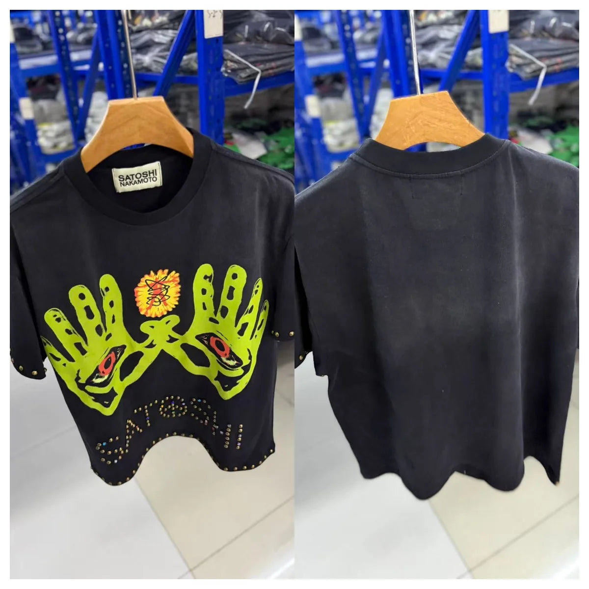 Mens Premium Acid Wash Short Sleeve T-Shirt Satoshi Nakamoto Heavy Dual Side Gold Stud Rhinestone Graphi - Matrix-studios.com