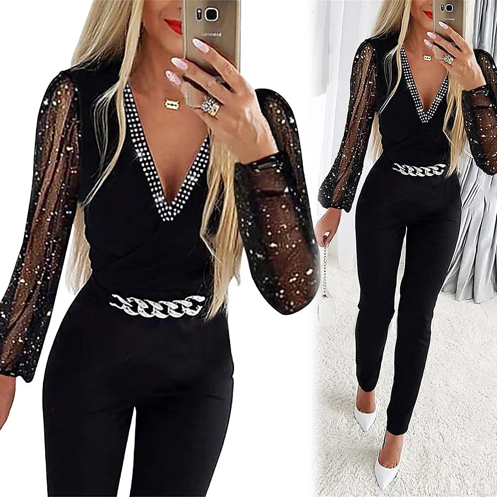 Jumpsuits Women One Piece V Neck Full Sleeve Tight High Waist Overalls Casual Sheath Long Pencil Pants Rompers Slim Fit Y2k - Matrix Studios