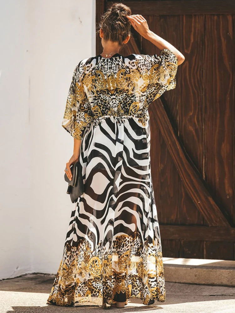 Bikini Cover Up Chiffon Beach Kimono Women Leopard Printed Long Cape for Swimsuit Tunic Summer Beach Wear Factory Supply - Matrix Studios