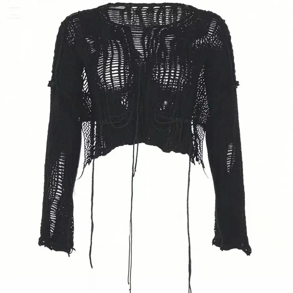 Y2k Cropped Hole Sweater Sexy Gyaru Hollow Out Knit Pullovers Goth Korean Long Sleeve Jumper Summer Fashion Sheer Knitwears Tops - Matrix Studios