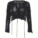 Y2k Cropped Hole Sweater Sexy Gyaru Hollow Out Knit Pullovers Goth Korean Long Sleeve Jumper Summer Fashion Sheer Knitwears Tops - Matrix Studios