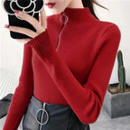 Knitted Women Zipper Half High Neck Sweater Pullovers Autumn Winter Basic Women Sweaters Slim Solid Knitwear Pull Femme Tops - Matrix-studios.com