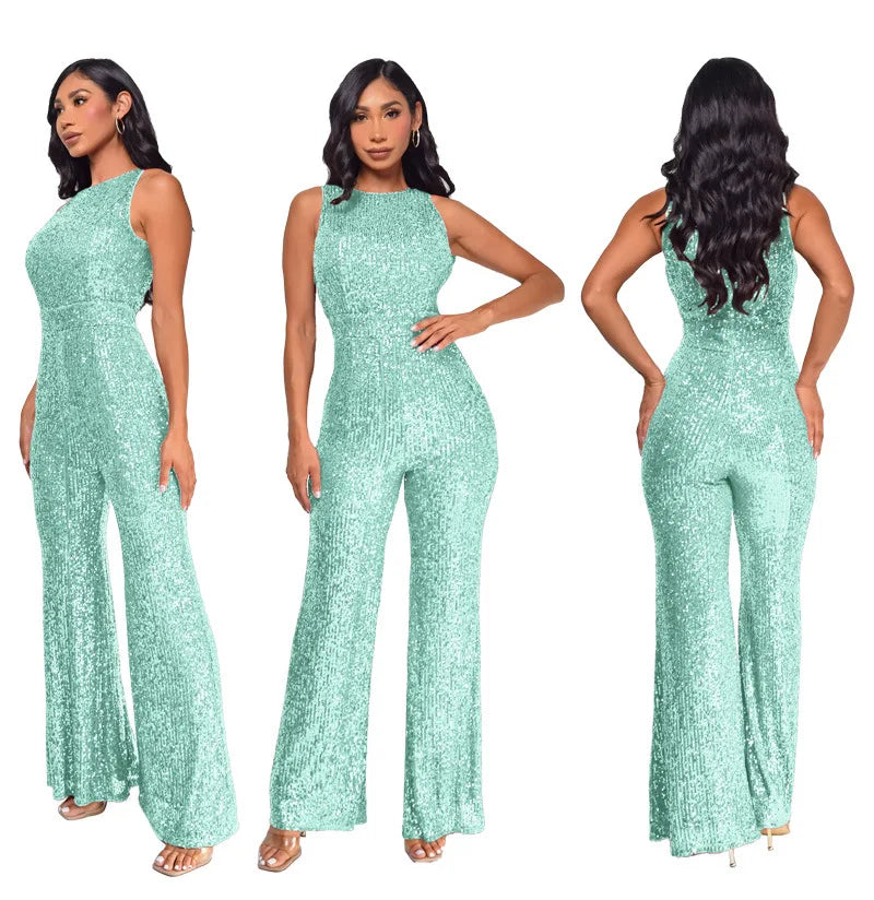 Bling Bling Sequined Club Jumpsuit Sexy Women O-neck Elegant Shiny Sliver Gold Sequins Straight Romper Overalls - Matrix Studios