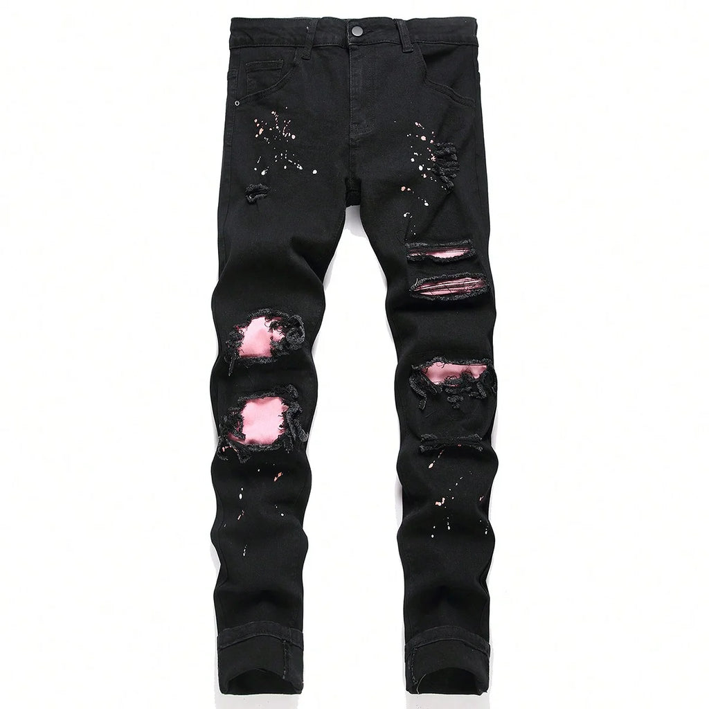 Men y2k Stretchy Skinny Denim Jeans For Men Casual pants Ripped Patchwork Hole Slim Fit Denim Hip Hop Black Straight Trousers - Matrix Studios