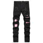 Men y2k Stretchy Skinny Denim Jeans For Men Casual pants Ripped Patchwork Hole Slim Fit Denim Hip Hop Black Straight Trousers - Matrix Studios