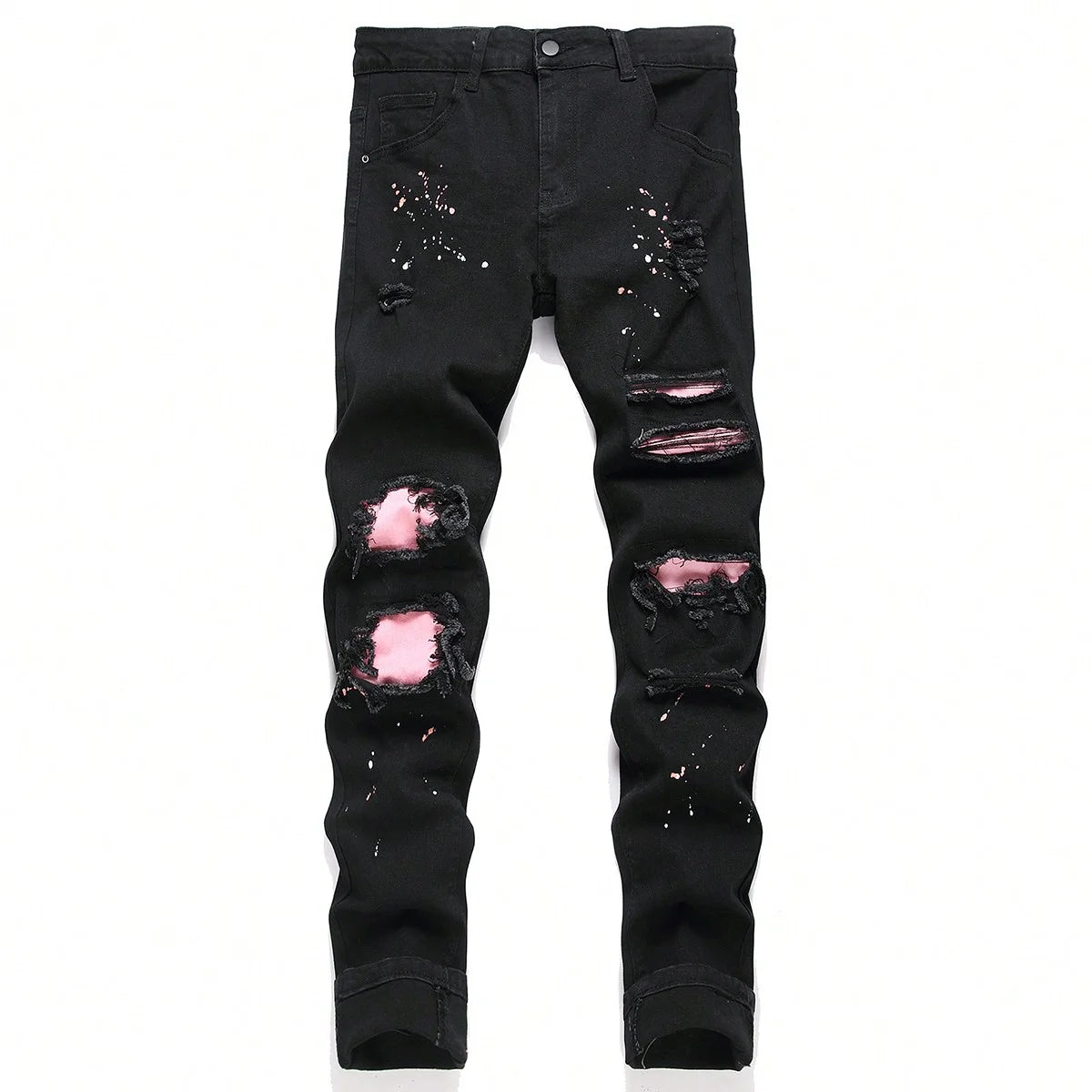 Men y2k Stretchy Skinny Denim Jeans For Men Casual pants Ripped Patchwork Hole Slim Fit Denim Hip Hop Black Straight Trousers - Matrix Studios