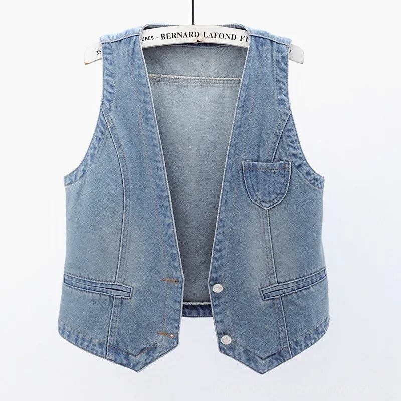 Women Vintage Denim Waistcoat Jacket 2026 Spring New Female Short Slim Sleeveless Coat Vest 6XL Single Breasted Solid Casual Top - Matrix Studios