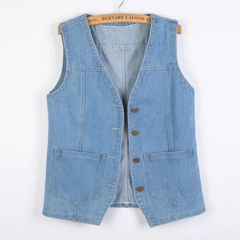Women Vintage Denim Waistcoat Jacket 2026 Spring New Female Short Slim Sleeveless Coat Vest 6XL Single Breasted Solid Casual Top - Matrix Studios