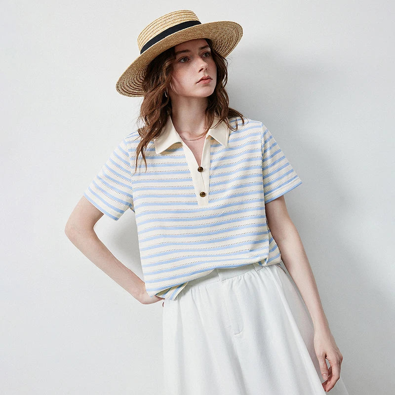 TOYOUTH Women's T-Shirt 2026 Summer New Hollow Stripe Color Block Polo Collar Nautical Top, Loose Fit Vintage Tee - Matrix-studios.com
