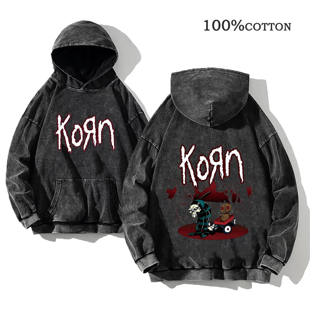 Korn Rock Band World Tour Hoodies Vintage Washed Men's Sweatshirts Cotton Hip Hop Streetwear Hooded Pullover Loose Y2K Tops - Matrix Studios
