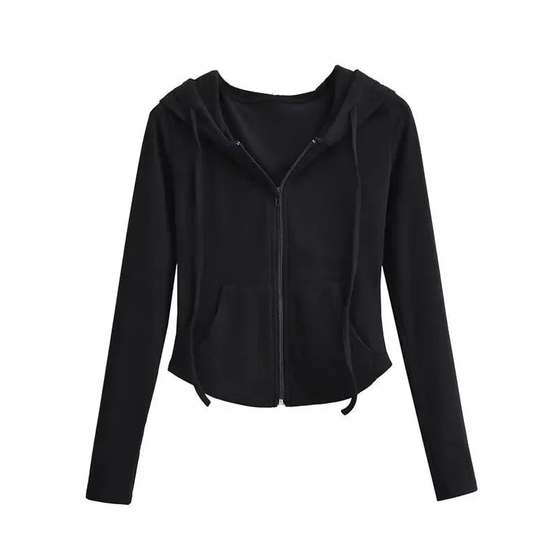Lucyever Cropped Hooded Zip-Up Jacket Women Autumn New Slim Long Sleeve Y2K Sweatshirts Female Solid Streetwear Sports Hoodies - Matrix Studios