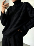 Women Turtleneck Knit 2 Piece Outfit Ribbed Long Sleeve Sweater Tops Wide Leg Pants Set Casual Loose Loungewear Tracksuit Daily Homewear