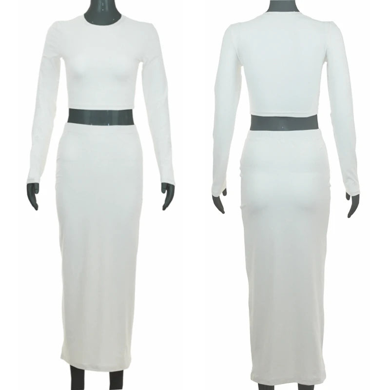 Womens Dress Sets Long Sleeve Crop Tops And Mid Calf Skirt Suit Fashion 2PCS Set Slim Office Lady Autumn Suits Clothing Q2418 - Matrix-studios.com