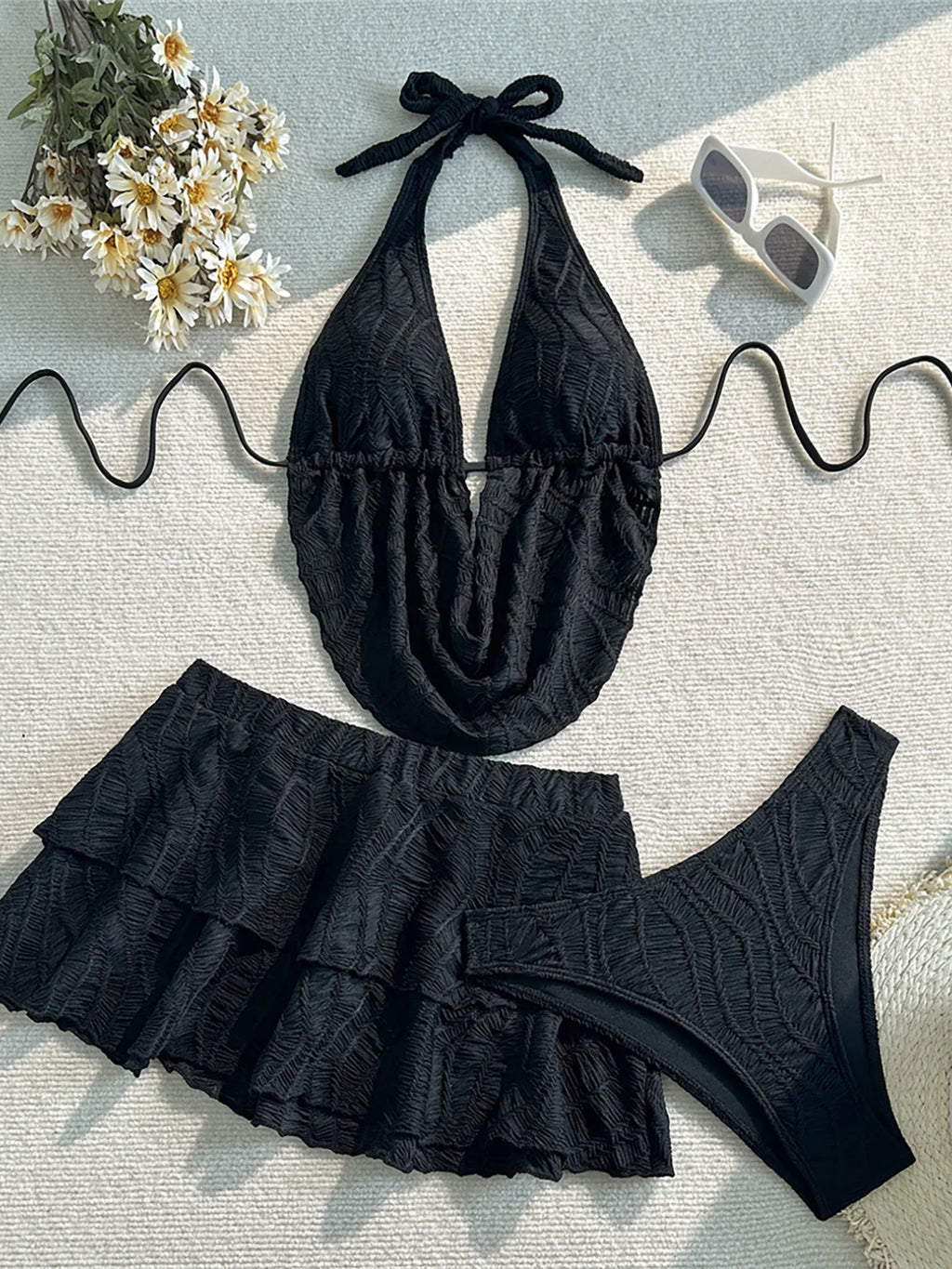 Bather Bathing Suit Swim With Skirt Tankini Halter Wrinkled Bikini Women Swimwear Female Swimsuit Three-Pieces Bikini Set V7415 - Matrix-studios.com