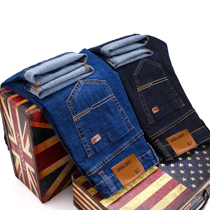 Autumn Classic Men's Fitted Stretch Jeans Business Casual Cotton Denim Straight Leg Pants Male Black Blue Trousers - Matrix Studios
