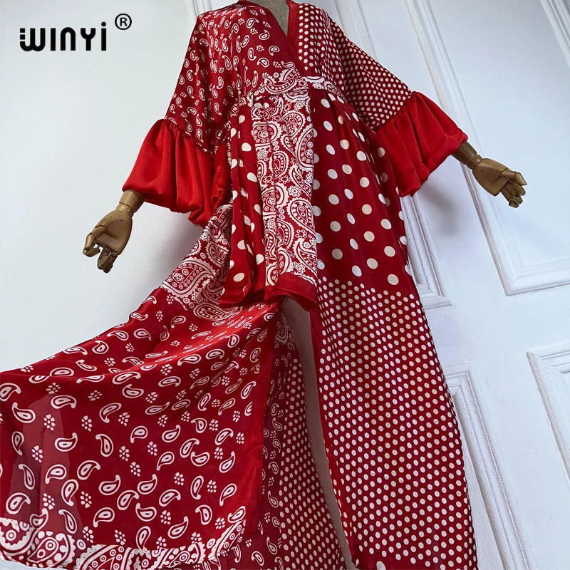 WINYI Summer Kimono Party Dress Beach Wear Swim Suit Cover Up Africa Women Boho Puff(ed) Sleeves Cardigan Sexy Holiday Kaftan - Matrix Studios