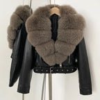 Fake Leather Coat New Natural Fox Fur Autumn Short Faux Leather Jacket Female Spring PU Women Long Sleeve Real Fur Coat Thin - Matrix Studios